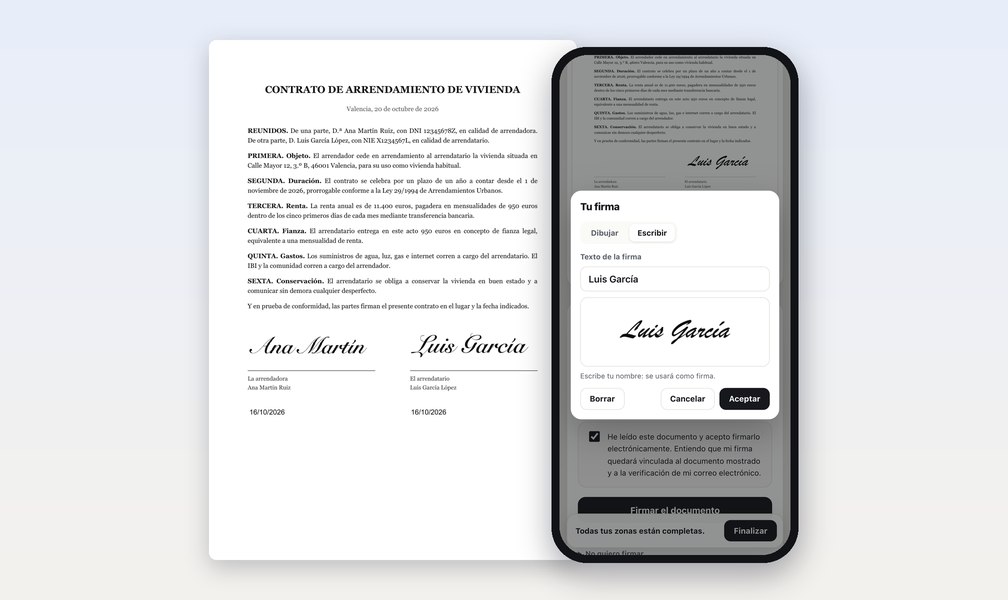 Contrato de alquiler firmado y firma desde el móvil en imotrack